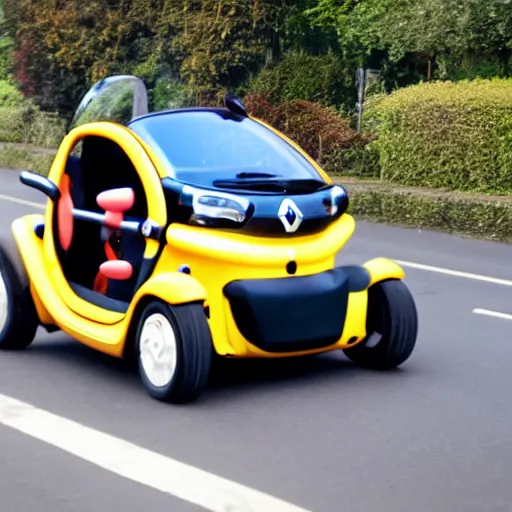 Prompt: photo of a clown driving a renault twizy in traffic jam,