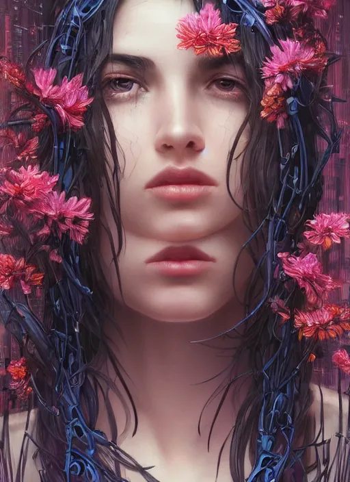 Image similar to beautiful young woman, gorgeous face, flowers over her eyes, ravens in the background, bladerunner city landscape, cybernetic, wires, technology, vaporwave aesthetic, synthwave, intricate, elegant, highly detailed, digital painting, artstation, concept art, smooth, sharp focus, illustration, art by artgerm and greg rutkowski and alphonse mucha