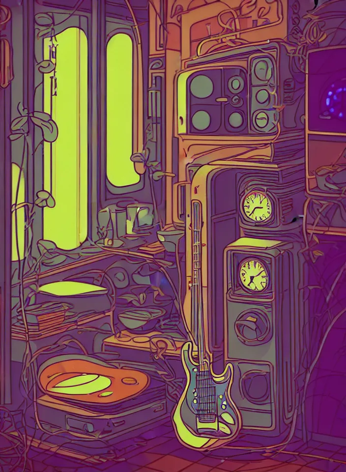 Image similar to telephoto 7 0 mm f / 2. 8 iso 2 0 0 photograph depicting the feeling of chrysalism in a cosy safe cluttered french sci - fi art nouveau cyberpunk apartment in a pastel dreamstate art cinema style. ( electric guitar ) ( ( fish tank ) ) ( ( clock ) ), ambient light.