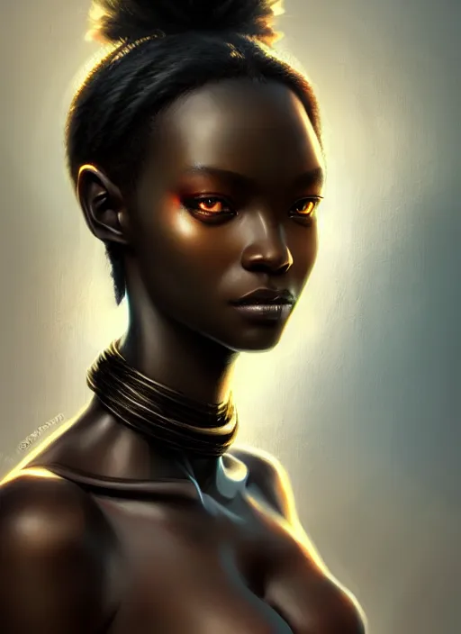 Prompt: character concept art of a dark fantasy african female, key visual, realistic shaded perfect face, fine details, dystopian environment and background, by stanley artgerm lau, wlop, rossdraws, james jean, andrei riabovitchev, marc simonetti, and sakimichan, trending on artstation