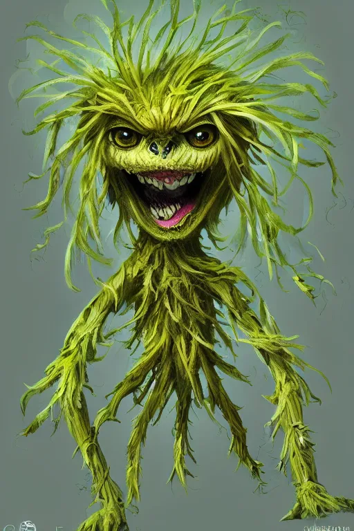 Image similar to a humanoid figure dandelion moss plant monster, large eyes and menacing smile, highly detailed, digital art, sharp focus, trending on art station, anime art style