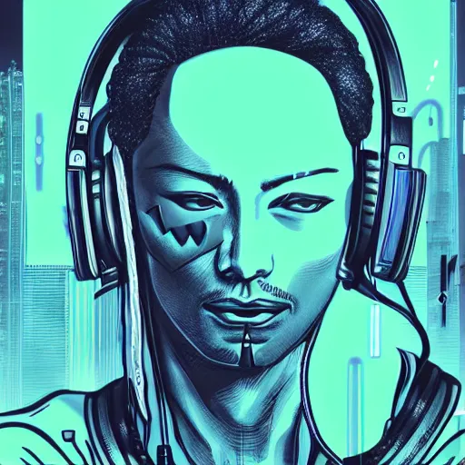 Prompt: a drawing of a person with headphones on, cyberpunk art by Hirohiko Araki, behance, funk art, synthwave, darksynth, official art