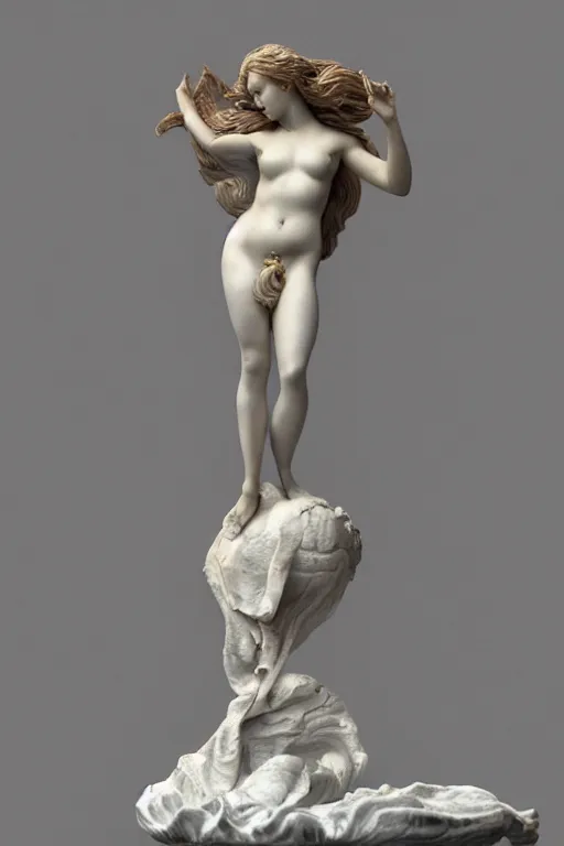 Image similar to Marble Sculpture of Aphrodite rising out of the sea in a clam shell, photorealistic, volumetric lighting, inspired by The Birth of Venus by Sandro Botticelli, trending on artstation.