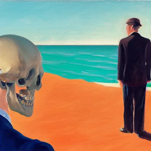 Prompt: a portrait painting of a man in a suit and a skull as his head sitting by the beach, 1 9 5 0 ad campaign, in the style of edward hopper, in the style of edward hopper and david hockney, 4 k,