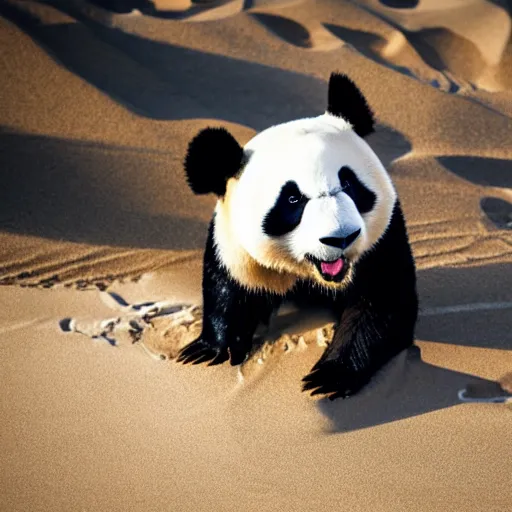 Image similar to photo of a panda wearing a cowboy hat and black leather jacket playing a guitar on a beach