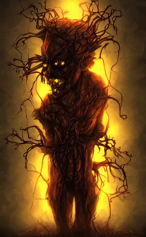 Image similar to fantasy monster concept art, a jack o lantern monster with vines for a body walking down a street of nightmares, dynamic lighting, photorealistic, trending on art station, stunning visuals, creative, cinematic, ultra detailed, atmospherical, ambient lighting, scary art, eery art