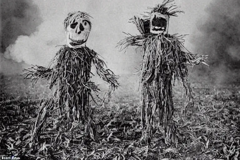 Prompt: disturbing screaming scarecrow from the early 1 9 0 0's burning down the cornfields