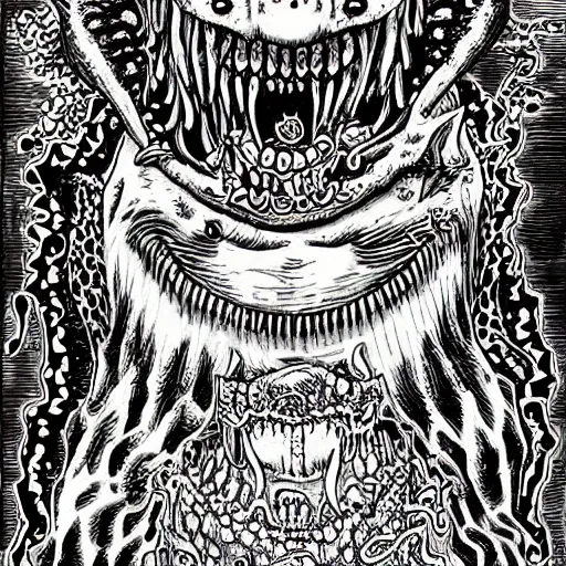 Image similar to a horrifying corgi demon with many eyes and many teeth, manga panel drawn by junji ito, kentaro miura, horror, dark fantasy, lovecraftian, intricate