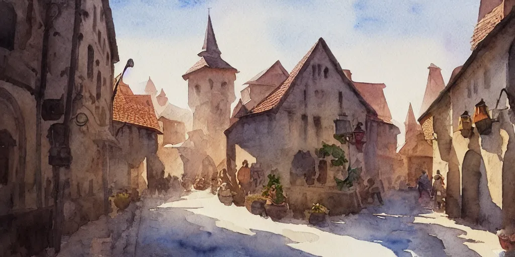 Prompt: medieval town, summer morning light, high quality watercolor painting, trending on artstation