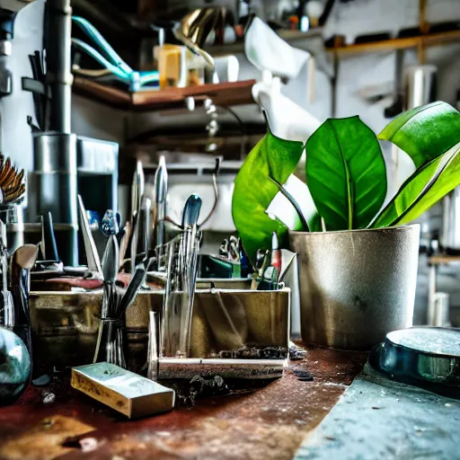 Image similar to A close-up shot of a metal table with laboratory tools and materials in an abandoned biopunk laboratory, plants everywhere, jungle themed, monstera, life, biological experiments,