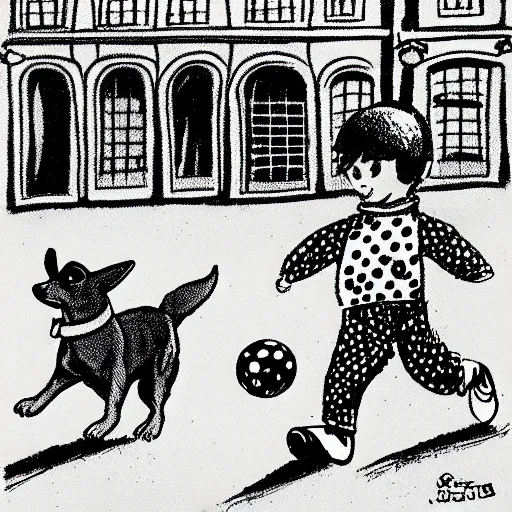 Image similar to illustration of french boy on the streets of paris playing football against a corgi, the dog is wearing a polka dot scarf, comic, 1 9 7 2