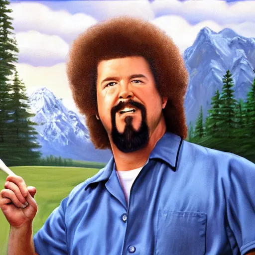 Image similar to a closeup photorealistic photograph of bob ross painting an image of kenny powers pitching a baseball on a canvas. mountains and trees. film still. brightly lit scene. this 4 k hd image is trending on artstation, featured on behance, well - rendered, extra crisp, features intricate detail, epic composition and the style of unreal engine.