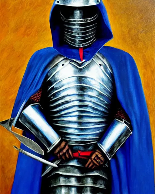 Prompt: a armored knight holding his sword, depression atmosphere, calm face, in blue cape, wild, daniel oxford, oil painting, master piece