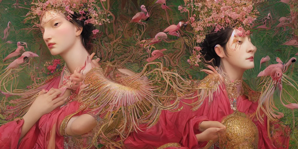 Image similar to breathtaking detailed concept art painting of the goddess of flamingo, orthodox saint, with anxious, piercing eyes, ornate background, amalgamation of leaves and flowers, by Hsiao-Ron Cheng and John James Audubon, extremely moody lighting, 8K