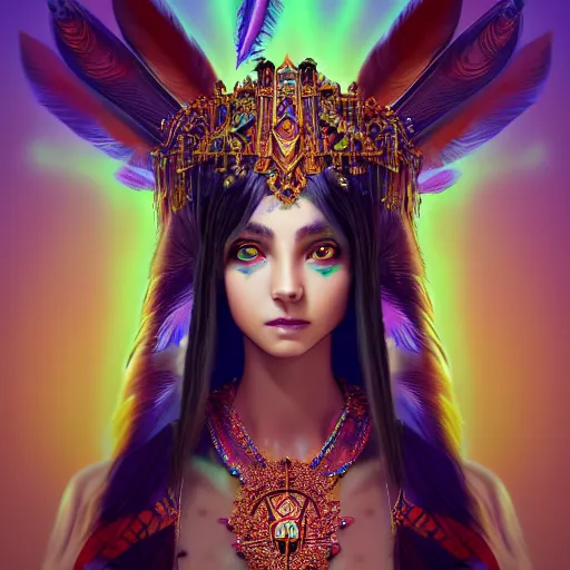 Image similar to portrait highly detailed beautiful symmetrical face high priestess intricate elegant detailed crystal jewellery with tribal feathers, lush colourful volumetric lighting, anime digital painting, concept art, smooth, sharp focus 3 d, divine realm of gods, realistic cinematic style, octane render, photographic, unreal engine 8 k