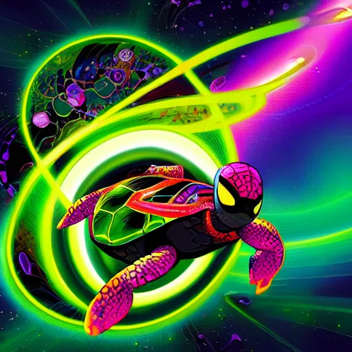 Image similar to turtle fusing with a psychedelic black hole in space, style like spiderverse movie, colorful, hard edges, black outlines