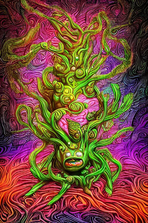 Image similar to creature sushi roots cactus elemental flush of force nature micro world fluo light deepdream a wild amazing steampunk baroque ancient alien creature, intricate detail, colorful digital painting radiating a glowing aura global illumination ray tracing