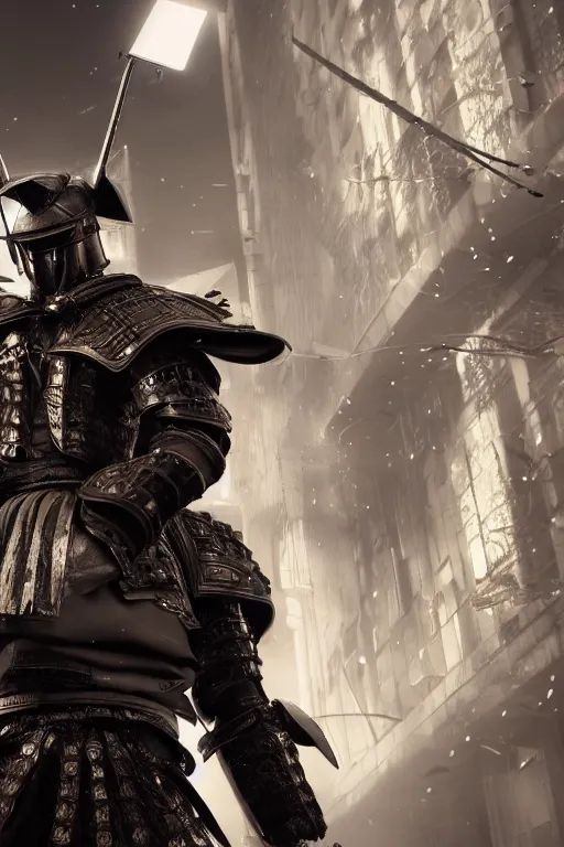 Prompt: magical realism cyberpunk samurai warrior, helmet, armour, ultradetailed, volumetric lighting, 4k UHD.