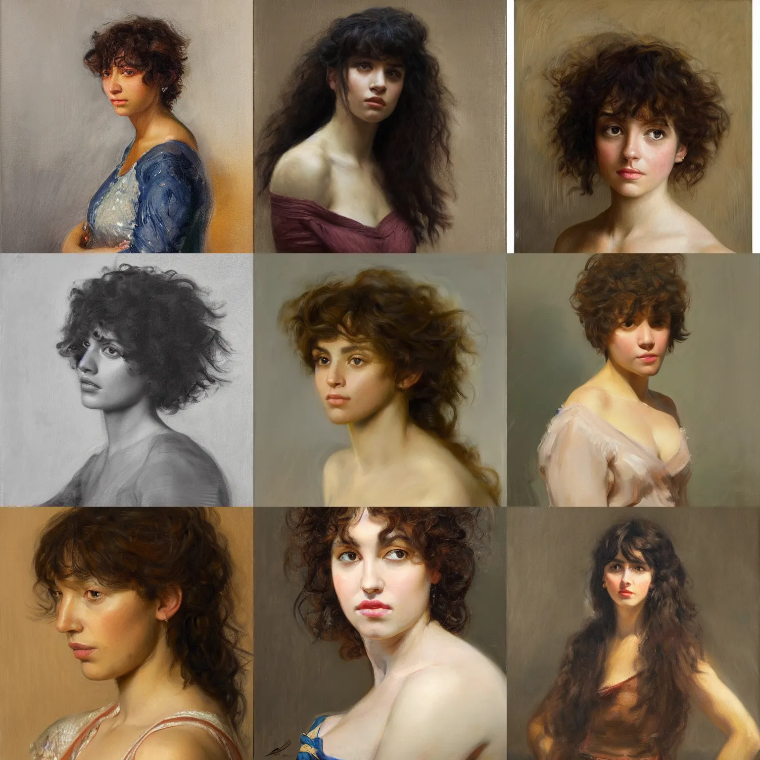 Prompt: portrait of a young woman with thick bangs and curly hair brown skin by Nasreddine Dinet and Theodore Ralli and Jean Discart and Anders Zorn, masterful intricate artwork. Oil on canvas, excellent lighting, high detail 8k