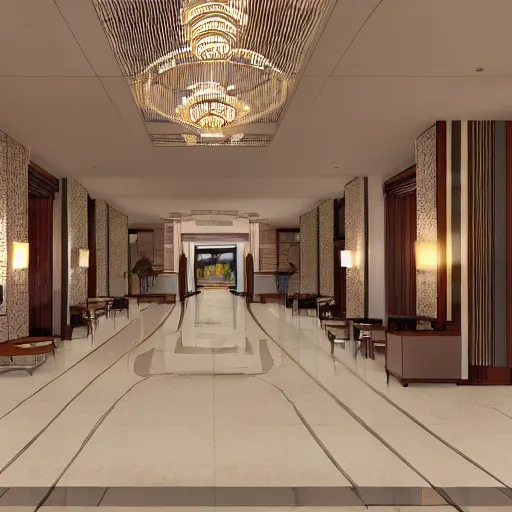 Prompt: wide angle view of an elegant hotel lobby, in the style of cell shaded anime, modern anime style, official anime still