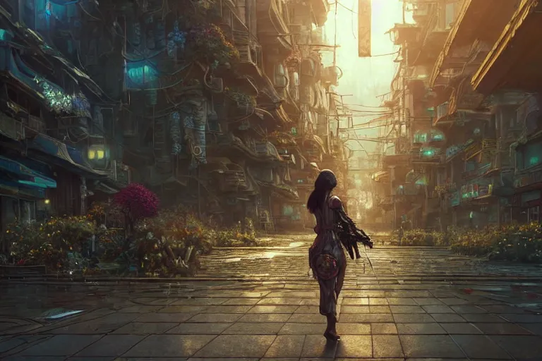 Prompt: A very detailed flower on the street of a very highly detailed solarpunk city art by Greg Rutkowski, neofuturistic highly detailed, digital concept art, Dimensional cyan gold natural light, sharp focus, Golden Ratio illustration, realistic concept art by Stephen Hickman and James Gurney and Hiromasa Ogura Ghost in the Shell rendered in Octane Render