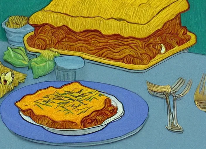 Prompt: detailed realistic painting of garfield eating lasagna at dusk, in the style of vincent van gogh and salvador dali and leonardo da vinci