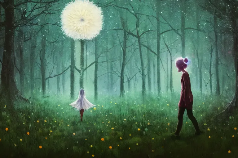 Image similar to giant white daisy flower head, girl walking in dark forest, surreal photography, dark night, stars, moon light, impressionist painting, clouds, digital painting, artstation, simon stalenhag