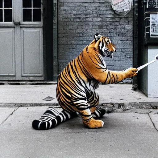 Prompt: 9 0 s photography of a tiger smoking pot in the streets