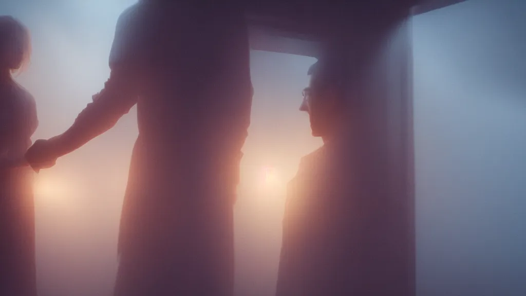 Image similar to portrait of a woman and a man holding hands on the threshold of a wooden house, fog, volumetric lighting, mystique, atmospheric, sharp focus, ultra detailed, ross tran, thierry doizon, kai carpenter, ignacio fernandez rios, noir art house, 4 k, 3 5 mm