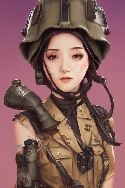 Image similar to dieselpunk blackpink jisoo as soldier girl, helmet, portrait, desert, armored, highly detailed, face detail, sharp focus, art, illustrations by rossdraws and ayanamikodon and wlop and irakli nadar and loish