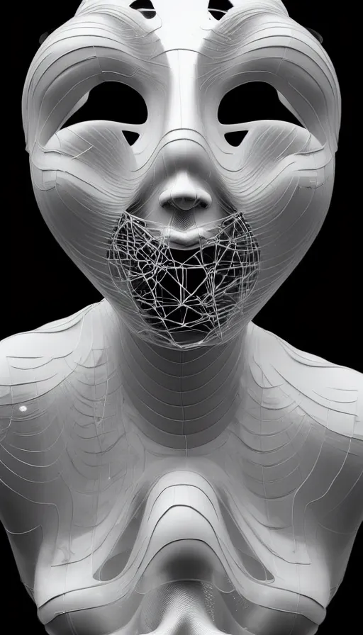 Image similar to a one woman with a futuristic mask on her face, a surrealist sculpture by alexander mcqueen, trending on pinterest, plasticien, biomorphic, made of plastic, a computer rendering by bedwyr williams, featured on zbrush central, holography, multiple exposure, glitch art, glitchy, photorealistic