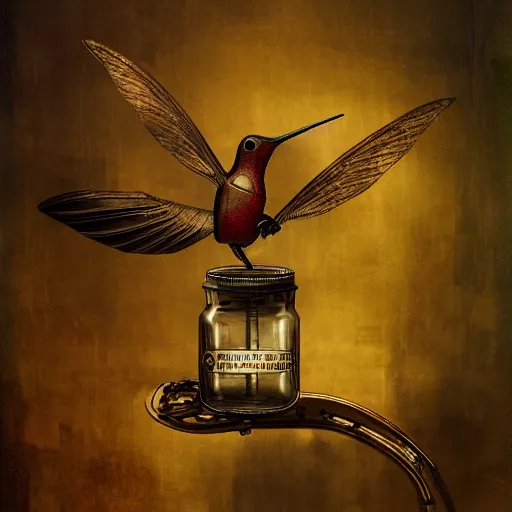 Prompt: a mechanical hummingbird in a jar. golden hour. matte painting. steampunk. cyberpunk. laboratory. rembrandt. jeff koonz