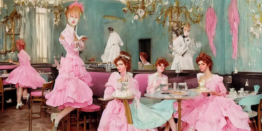 Prompt: 3 d david bowie, dressed in a pink, white, and teal ballgown, in an ice cream parlor, master painter and art style of noel coypel, art of emile eisman - semenowsky, art of edouard bisson