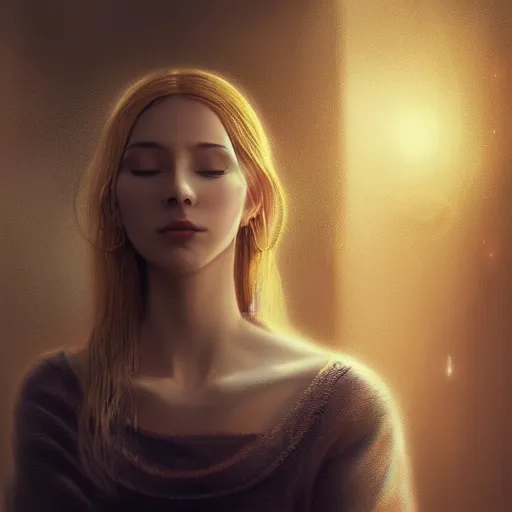 Image similar to Masterpiece portrait of an aesthetic beautiful realistic blond priestess, 30 years old woman, praying, cinematic light, digital painting by WLOP, atmospheric effects, fireflies, 4K, octane render, artstation, deviantart, close view