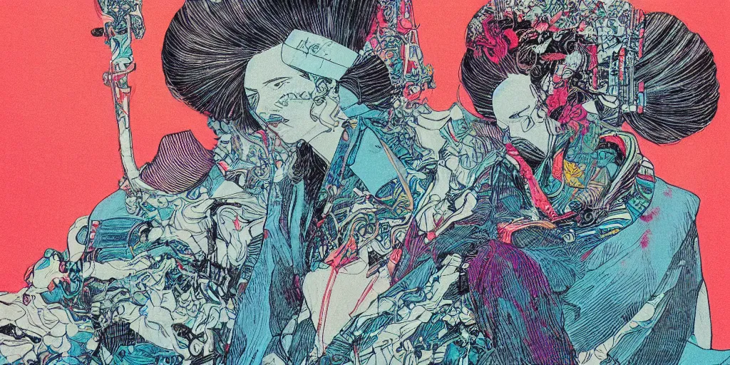 Image similar to a close - up grainy, risograph drawing, hyper light drigter, neon colors, a big porcelain glossy geisha head, with long hair, floating above the sharp peaks weapons, style by moebius and kim jung gi