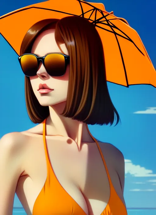 prompthunt: anime portrait of a handsome woman, brown hair, yellow - orange  eyes, wearing sunglasses and two - piece swimsuit, ilya kuvshinov, anime,  pixiv top monthly, trending on artstation, cinematic, danbooru, zerochan