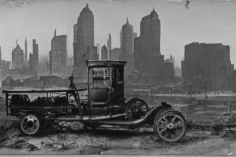 Prompt: cyberpunk 1 9 0 8 model ford t by paul lehr, metropolis, view over city, vintage film photo, damaged photo, scratched photo, scanned in, old photobook, silent movie, black and white photo