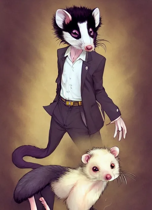 Image similar to character portrait of a male anthro opossum fursona with a tail and a cute beautiful attractive detailed furry face wearing a dress shirt and slacks outside a city tattoo parlor. Character design by charlie bowater, ross tran, artgerm, and makoto shinkai, detailed, inked, western comic book art