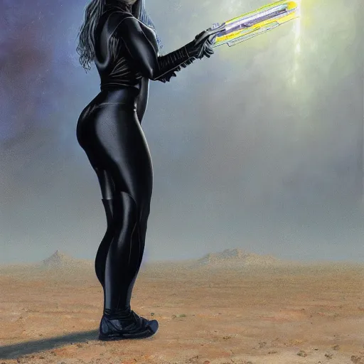 Image similar to pleiadian woman with big eyes and long silver hair wearing a dark body suit and holding a plasma gun as a realistic sci fi character, portrait art by donato giancola and greg rutkowski, digital art, trending on artstation, standing in a barren field, full body, long silver hair