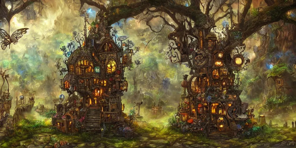 Image similar to a steampunk fairy village in a tree, highly detailed oil painting, epic fantasy art, abstraction, masterpeice, 8k