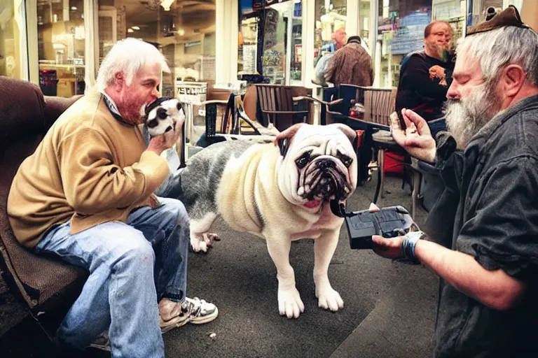 Prompt: Buddy the graying middle aged homeless man playing xbox and petting an english bulldog wearing a crown, dog wearing a crown, humans of new york