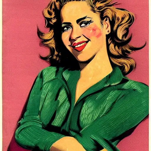 Image similar to “Shakira portrait, color vintage magazine illustration 1950”