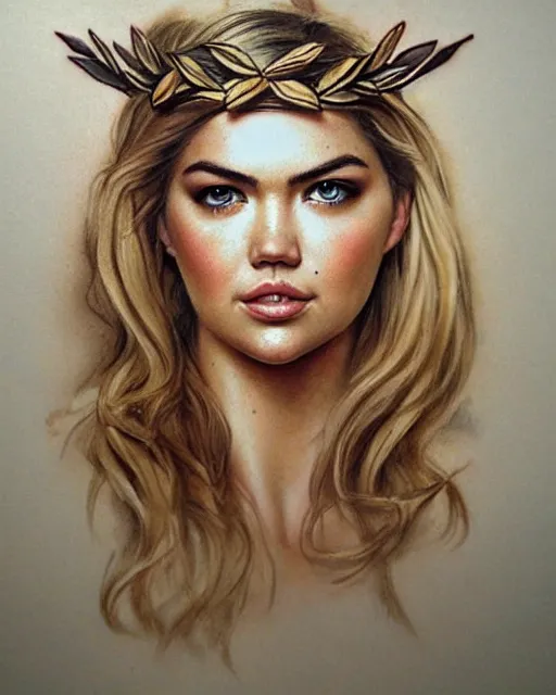 Prompt: realism tattoo sketch of kate upton as a beautiful greek goddess aphrodite with piercing eyes wearing a laurel wreath and triangle earrings, in the style of greg rutkowski, amazing detail