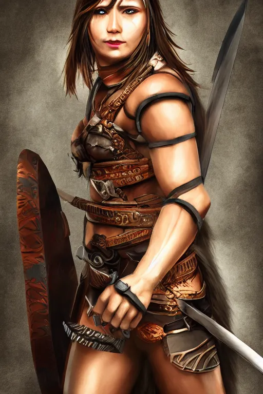 Prompt: portrait of a barbarian female, ultra sharp, very detailed, high quality focus by popularity choi