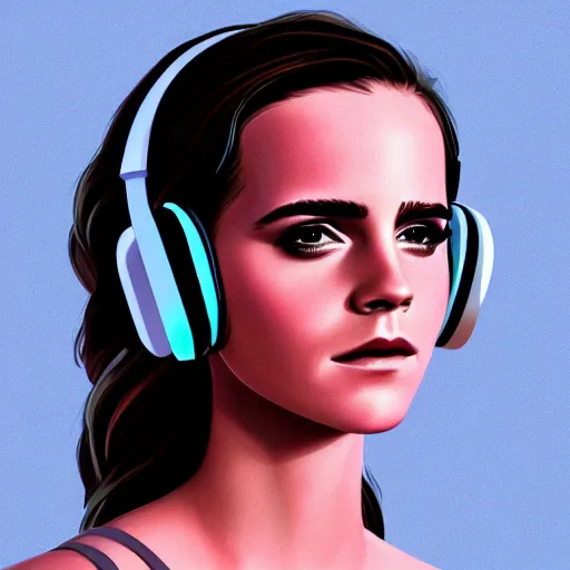 Image similar to synthwave emma watson wearing headphones, animated, trending on artstation, portrait