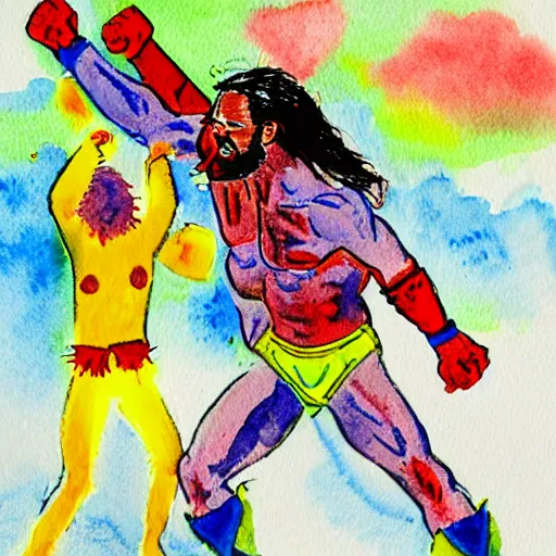 Image similar to watercolour, brightly colored, depicting randy savage hurling a small child into the sky