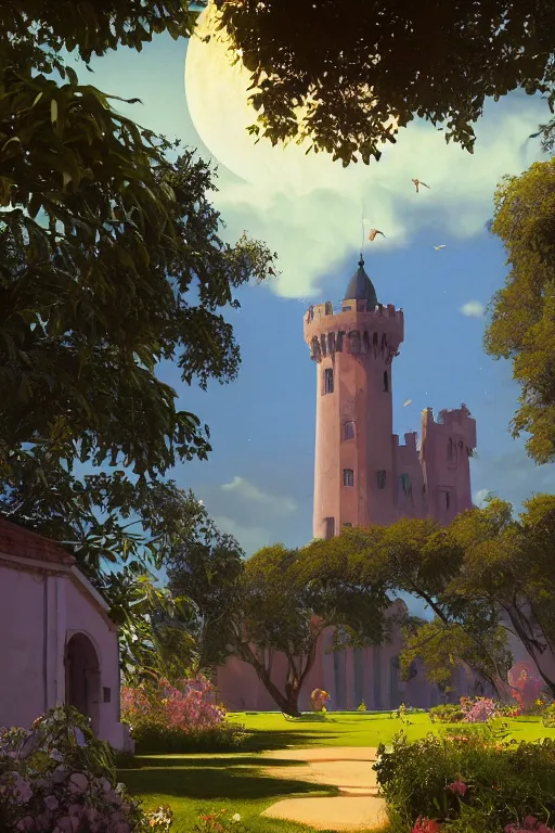 Prompt: view of the white tower of the moon in its gardens after a storm, fairytale illustration, tall windows, beautiful moorish tiles, dramatic cinematic lighting, rich colors, golden age illustration, by Sylvain Sarrailh and Nicholas Roerich and Ludwig Deutsch, unreal engine