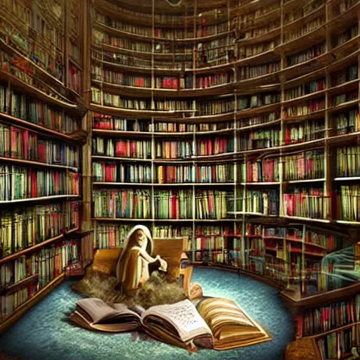 Prompt: a beautiful surreal and photo-realistic library located at the right of a beautiful enchanted landscape. fantasy art.