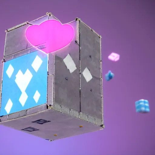 Image similar to the companion cube with the pink heart, floating in space, with destroyed satellite debris, ZBrush, Maya, Unreal Engine