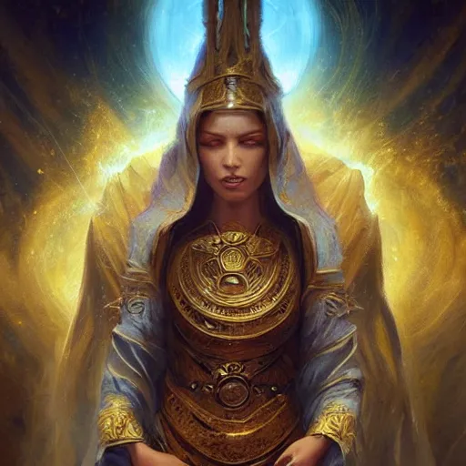 Image similar to a priestess weavering strings of gold, symmetric face, hyperrealism, epic fantasy digital art, fantasy style art, by Greg Rutkowski, fantasy magic the gathering card art style